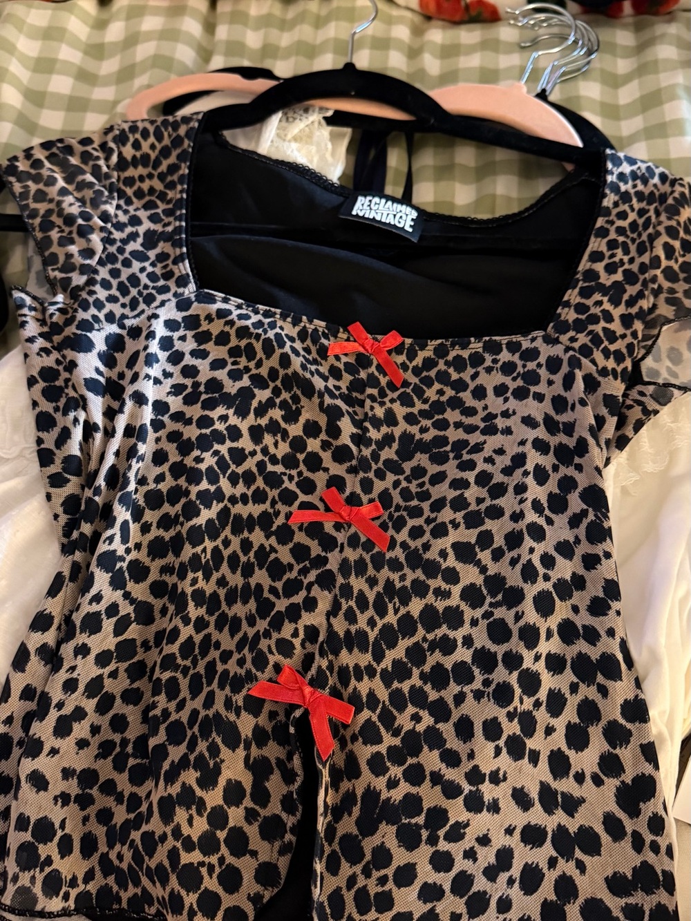 Reclaimed Vintage Leopard Print Short Sleeve Top with Red Bows